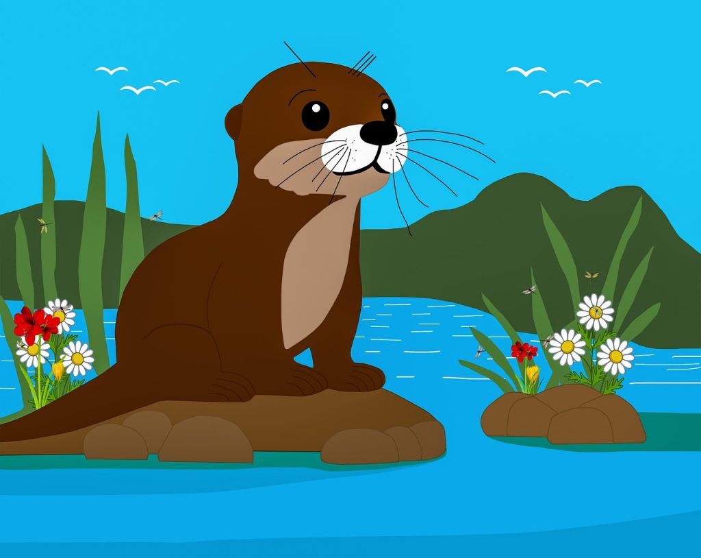 otter, pond, water, flower background, flowers, flower wallpaper, nature, pup, beautiful flowers, whelp, cartoon
